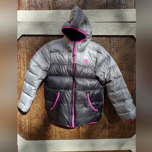 The North Face Reversible Moondoggy 550 Down Puffer Jacket Silver Black GirlsLG 